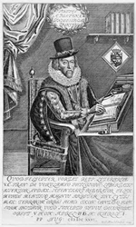 Porträt von Francis Bacon (1561-1626), Viscount von St. Albans, beim Schreiben an seinem Schreibtisch